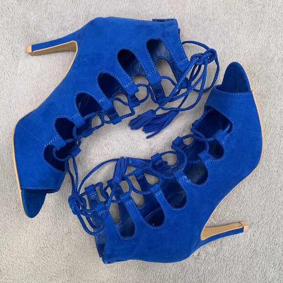 Nine West Briagd Faux Suede Lace Up Ghillie Peep Toe Stilettos Sz6 - Picture 10 of 15